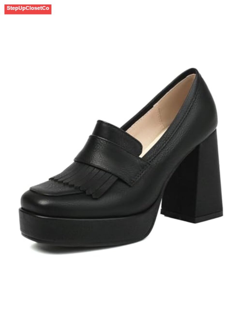 Women's Platform Chunky Heel Loafers PU Square Toe Pull On Dress Shoes